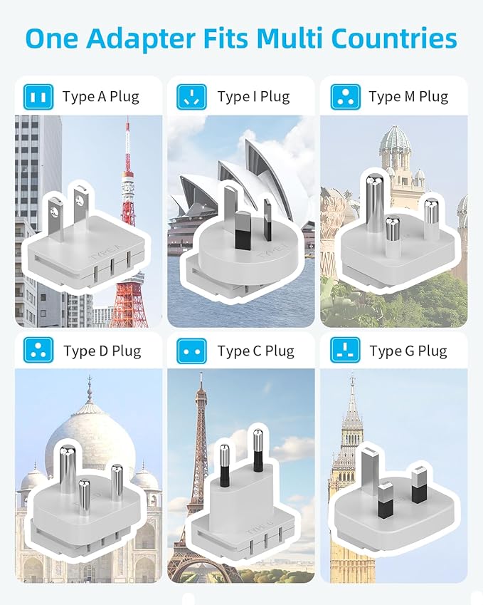 European Travel Plug Adapter Set, 8-in-1 Travel Adapter with 4 AC, 4 USB Ports (2 USB C), US to EU/UK Universal Adapter, International Power Adapter with Type C/G/A/I/D/M Detachable Plugs