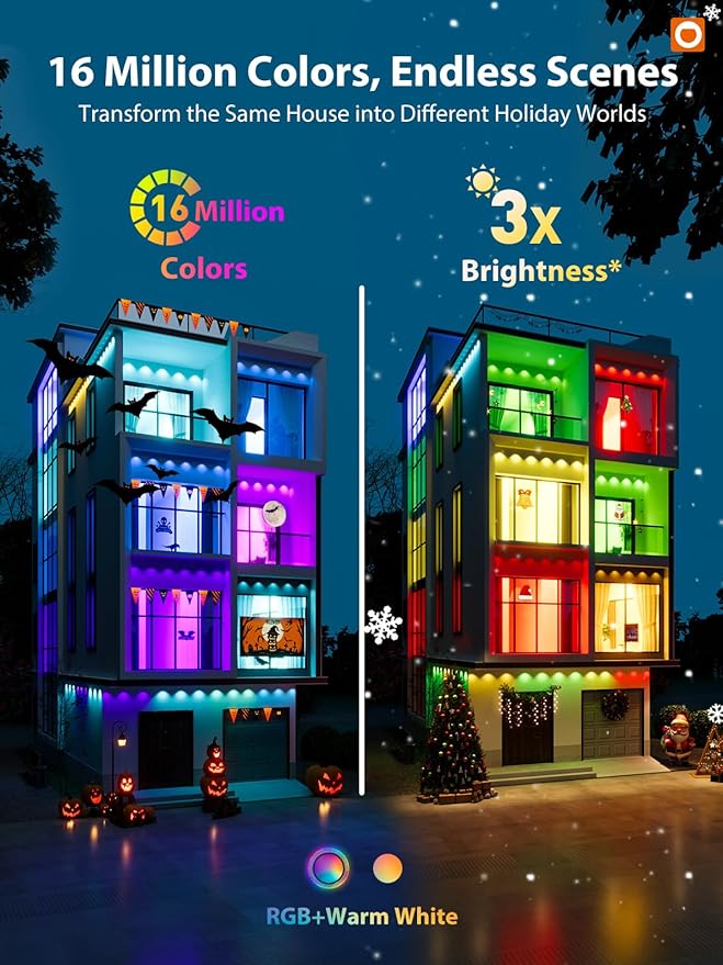 addlon 200FT Permanent Outdoor Lights, Cuttable & Extendable Smart RGB+IC LED Lights for House & Outdoor, App & Remote Control, IP67 Waterproof for Christmas, Holiday, Party, Halloween Decorations