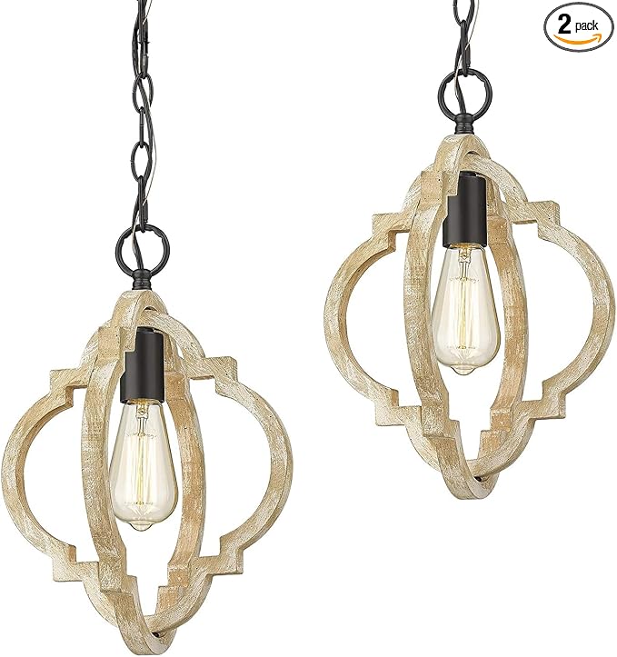 CALDION 2Pack Wood Pendant Lights Kitchen Island, Farmhouse Pendant Lighting Fixtures, Adjustable Height Hanging Pendant Lights for Foyer, Dining Room, Entryway