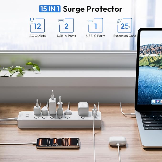 25Ft Extension Cord, NTONPOWER Long Cord Power Strip with 12 Outlet 3 USB(1 USB C), 2100 Joules Surge Protector, 1875W/15A, Overload Protection, Wall Mount for Home Office, Workbench, Garage, White