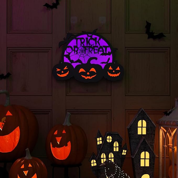 Halloween Pumpkin Lights, LED Connected Jack O Lantern With Light Up Purple Moons, Bat Spider Web & Trick or Treat Wording, USB & Battery Powered With Timer, Halloween Decorations Kids Wall Window Art