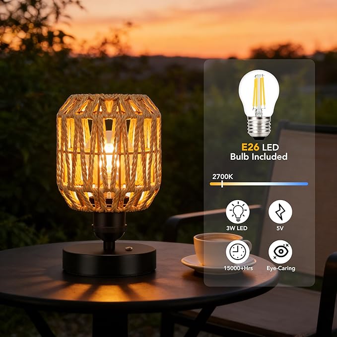WIHTU 2 Pack Rechargeable Table Lamps, Cordless Lamp with 5000 mAh Battery Operated, Outdoor Wireless Rattan Touch Lamps, Portable Dimmable Lamp for Restaurtrant Home Camping Patio (Bulbs Included)
