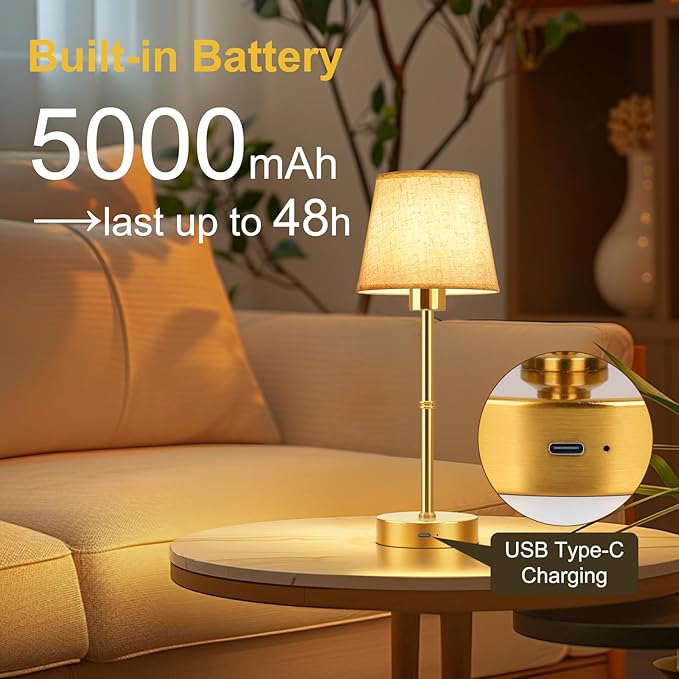 FRIDEKO HOME Rechargeable Table Lamp Gold - Cordless Battery Operated Lamp, Fabric Shade Desk Lamp, Wireless Lamp for Decor Bedroom Dining Table Counter (2pcs-Linen-Bulb Included-15.7in)