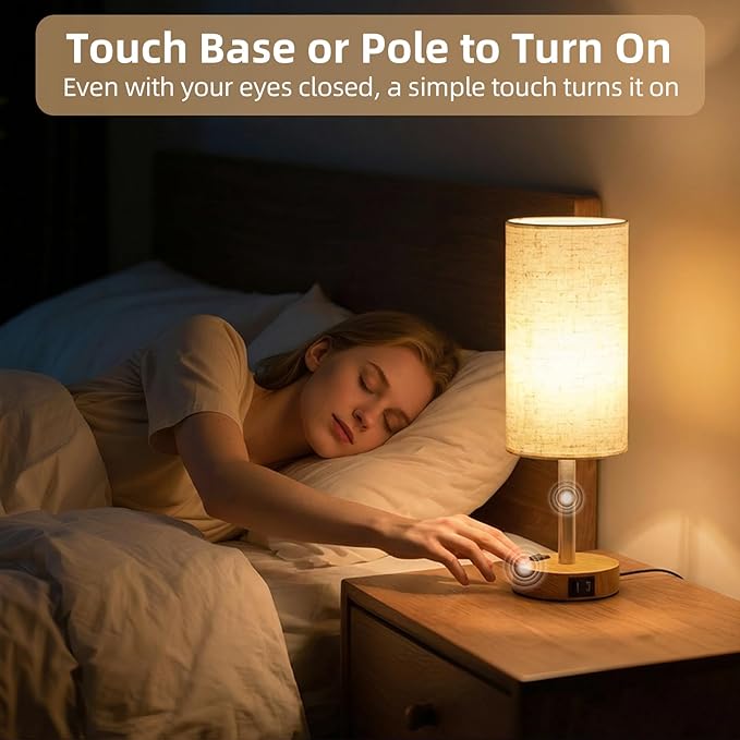 Table Lamp for Nightstand, High-Sensitivity Touch, 3-Level Dimmable Bedside Lamp with AC Outlet | USB | and USB-C, Ideal Night Stand Lamp for Bedroom, Reading, Living Room (Warm&Wooden)