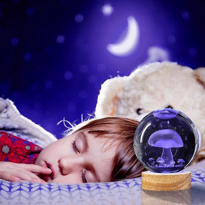 3D Mushroom Crystal Ball Night Light,3.15in k9 Crystal Ball Lamp with 16 Colors Change,Wooden Base and Remote Control Mushroom Decor Gifts for Kids