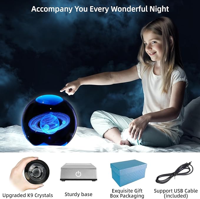3D Saturn Crystal Ball Night Light 3.15 inch Glass Ball Table Lamp with Color Changing Touch Base Decor Ideal Saturn Gifts for Friends Kids Christmas Birthday