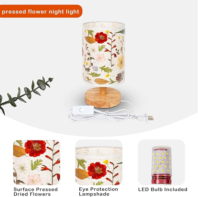 Dried Flowers Table Lamp, Vintage Floral Beside Lamp,5w Led 3-Color Cute Linen Shade Desk Lamp for Bedroom Office Nursery with Wood Base