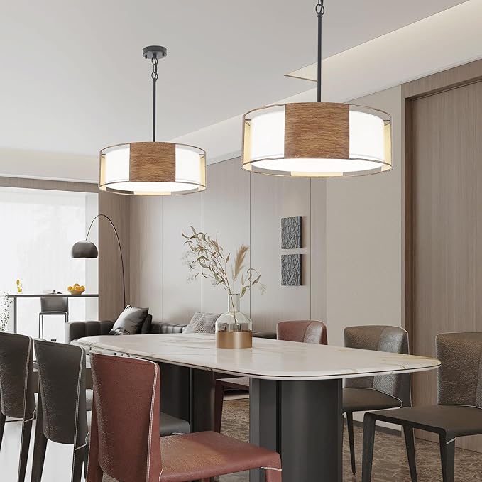19.7'' Farmhouse Drum Chandeliers for Dining Room, 4 Light 2-Layer Shade Chandelier Large Round Pendant Light Fixtures, Modern Light Fixture for Dining Room Kitchen Island Living Room Bedroom