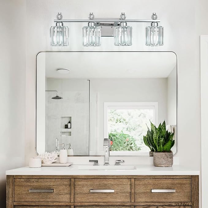 Bathroom Vanity Lights 4-Light Chrome Modern Crystal Vanity Light Fixtures Over Mirror Crystal Bathroom Vanity Lighting Fixtures