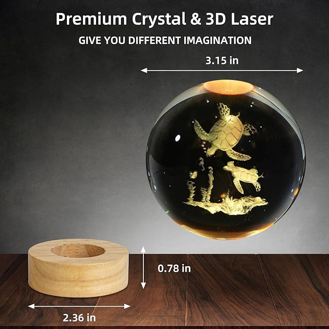 3D Sea Turtles Crystal Ball Night Light, Upgraded 3.15 Inch Glass Ball Lamp with 16 Color LED Wooden Base, Sea Turtles Decor Birthday Holiday Christmas Gifts for Boys Girls Friends