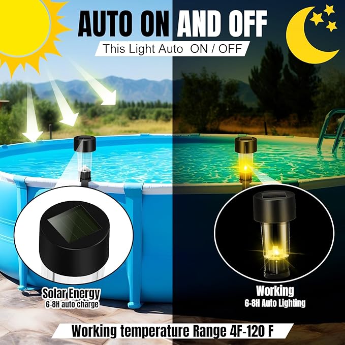 VIHOSE Pool Solar Lights for Framed Above Ground Pools Waterproof Solar Light Outdoor Swimming Pool Fence Decorations Pool Accessories Night Lights (Warm Light,8 Pcs)