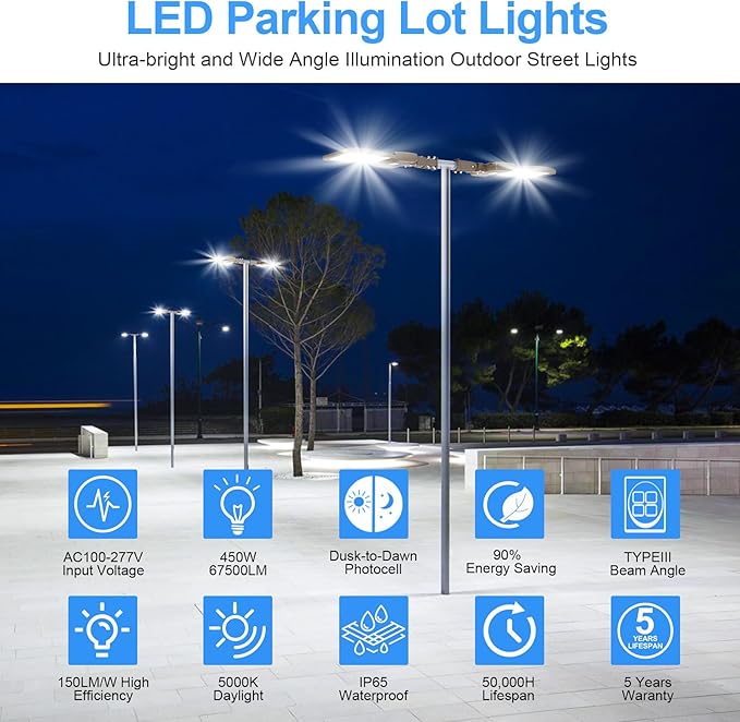 450W LED Parking Lot Light 67500LM 5000K Outdoor Street Area Lighting with Dusk to Dawn Photocell LED Pole Lights 100-277V IP65 Waterproof Commercial Shoebox Light Slip Fitter for Yard, Roadway