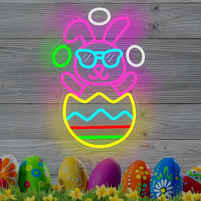Easter Neon Sign for Wall Decor Bunny Throwing Eggs Led Sign Animated Bunny Neon Light Easter Decorations Funny Rabbit Light Up Signs for Window Spring Bar Home Holiday Party Gifts Business Coffee