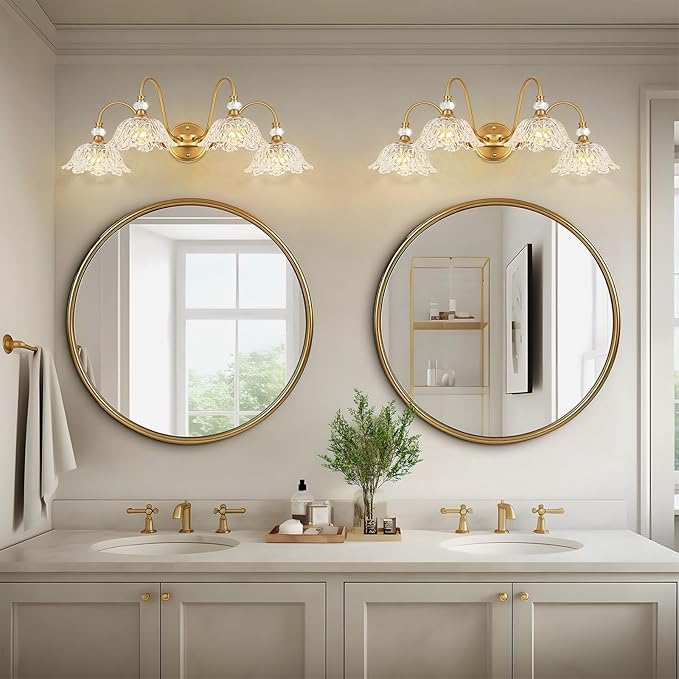 Vintage Matte Brass Finish Bathroom Vanity Light, 4-Light Vanity Light with Floral Glass Shades, Retro Wall Mount Lighting for Bathroom, Dressing Table