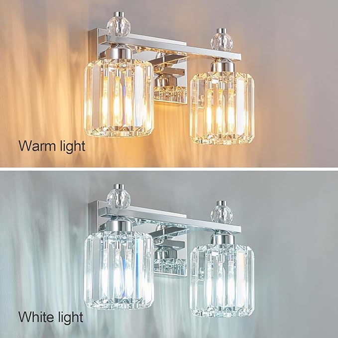 Bathroom Vanity Lights 2-Light Chrome Modern Crystal Vanity Light Fixtures Over Mirror Crystal Bathroom Vanity Lighting Fixtures