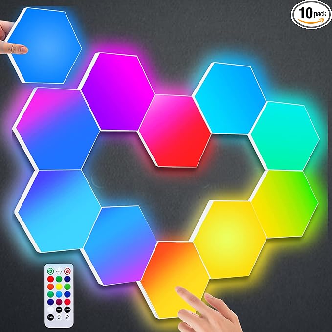 Hexagon LED Lights with Remote Control, Hexagon Wall Lights RGB Gaming LED Lights for Gaming Setup Touch Sensitive, DIY Geometry Modular LED Light Panels for Gaming Room Bedroom Streaming, 10 Pack
