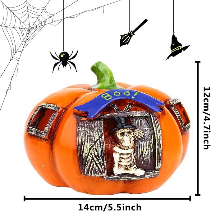 Halloween Skull Pumpkin LED Lantern - Light Up Decorations for Indoor Outdoor, Spooky-Pumpkin with Skeleton Design, Vintage Style Decor for Party, Porch, Tabletops, Mantles, Windowsills, Gardens