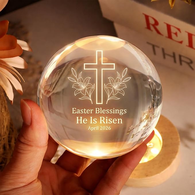 Christian Easter Cross Crystal Ball LED Night Light, He is Risen Engraved Glass Globe Lamp with Wooden Base, Faith Hope Love Religious Easter Blessing Gift April 2026 Decor