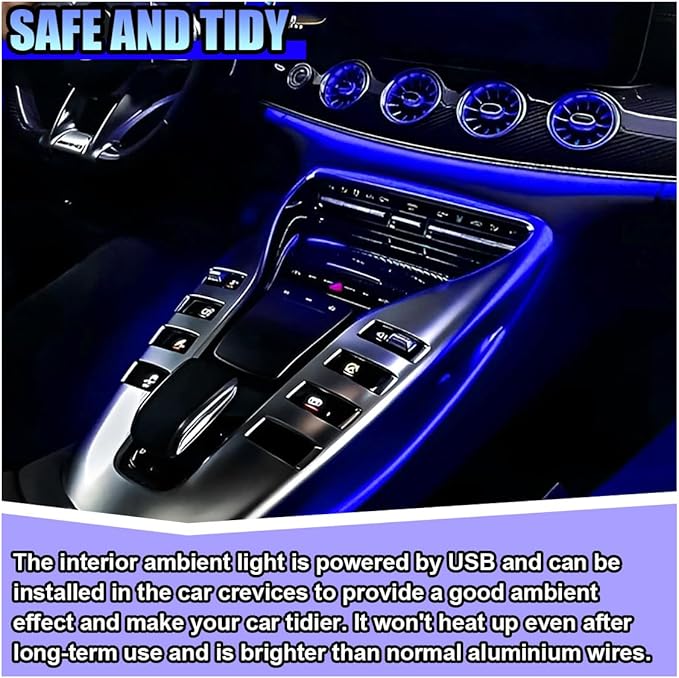 EL Wire Car Interior LED Strip Lights, 5V 16FT Neon Light Strip with Sewing Edge, USB Electroluminescent Car Interior Lights with Fuse Protection, Vehicle Ambient Lighting Decorations (Blue)
