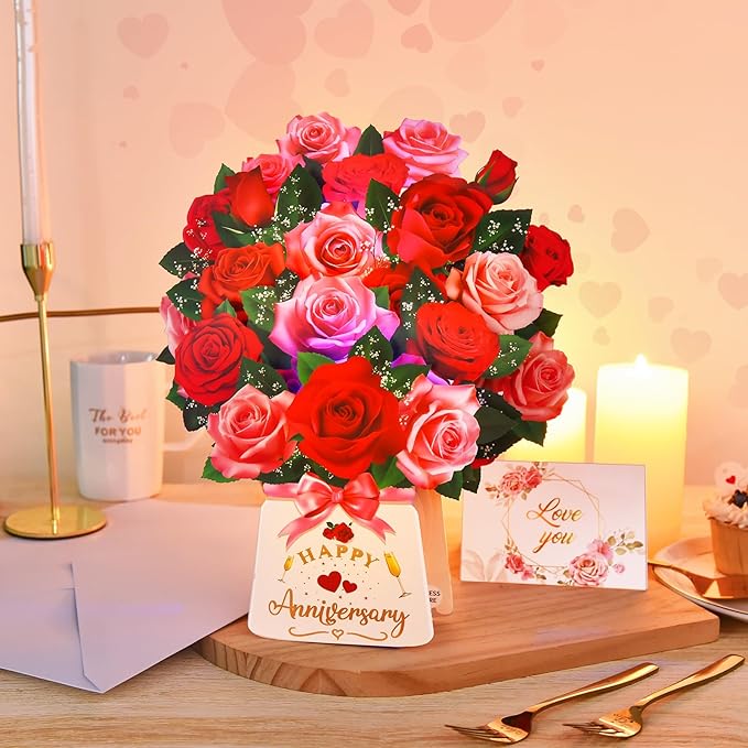 Pop Up Anniversary Card with Lights & Music, 12 Inch Paper Rose Bouquet Greeting Cards with Note Card & Envelop, Happy Anniversary Cards for Women, Popup Wedding Anniversary Card Gifts for Wife