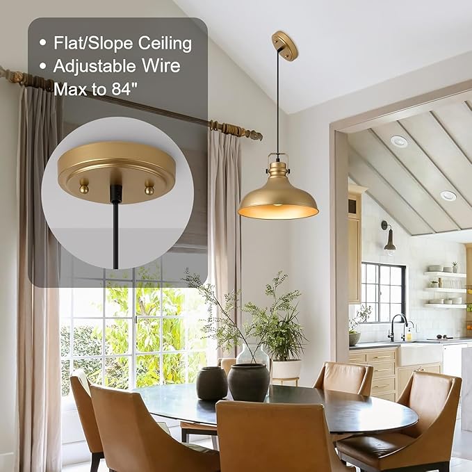 Gold Farmhouse Pendant Lights Matte Pendant Lighting for Kitchen Island Industrial Adjustable Height Vintage Dome Hanging Light Fixtures for Barn, Dining Room 3 Packs