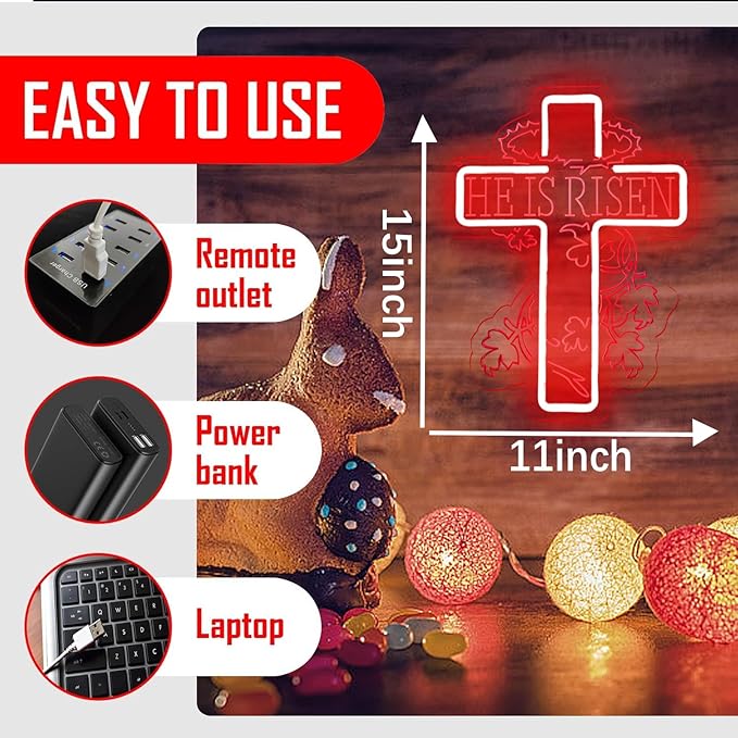 He Is Risen Neon Sign Cross Easter Neon, Dimmable LED Neon for Wall Decor Bedroom Home Room Party Decor, LED Neon Light for Wedding Christmas Easter Celebrations New Year Gift