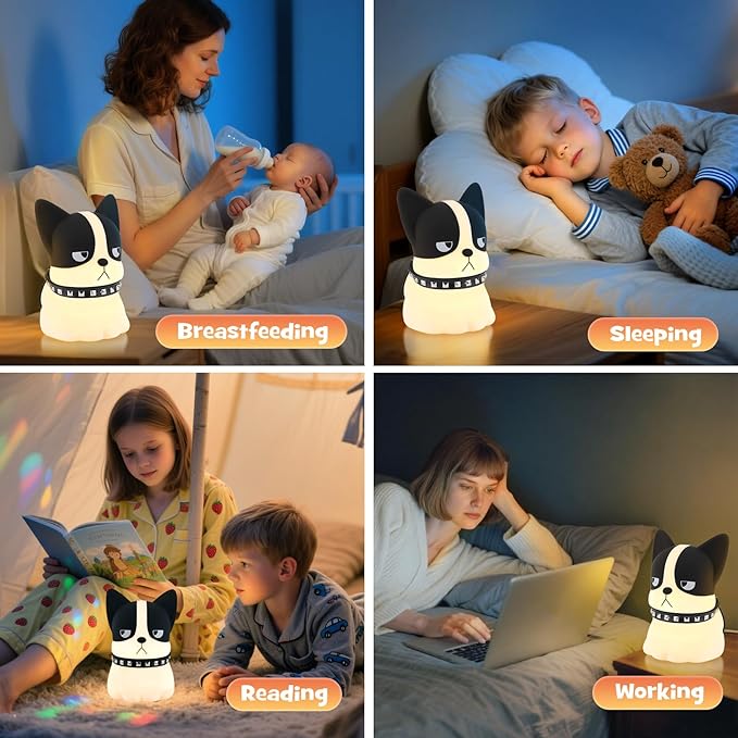 Squishy Puppy Night Light with RGB Mode 3 Brightness Adjustable Nursery Breastfeeding Nightlight Cute Novelty French Bulldog Animal Lamp Rechargeable Silicone Touch Bedside Lamp for Bedroom Dorm Decor