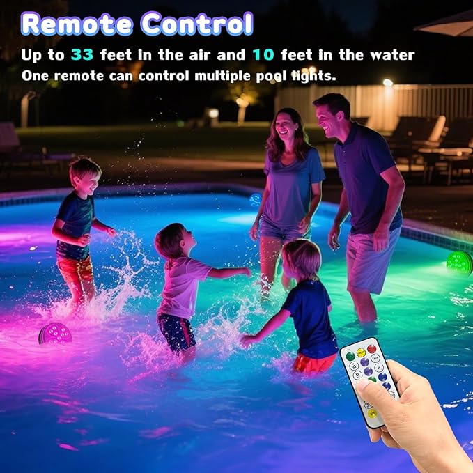 Pool Lights, 10 Colors Rechargeable Submersible LED Lights with Remote & 6 Modes, IP68 Waterproof Dimmable Shower Lamp, LED Underwater Light for Inground Above Ground Pool Party Hot Tub (4 Pack)