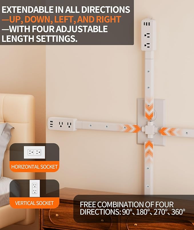 2 Pack Electrical Outlet Extender Stick Features 2 USB-A, USB-C and 2 AC Outlets, Extendable to 6", 15.3", 24.5", 34", for Hard to Reach Spaces Use Behind Couches, Nightstands, Desks, and More