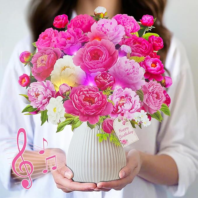 Birthday Cards with MUSIC & LIGHTS, Pop Up Happy Birthday Cards, Pink Penoy, 10 Inch Life Sized Forever Flower Bouquet Greeting Card Gifts for Women Mom Grandma
