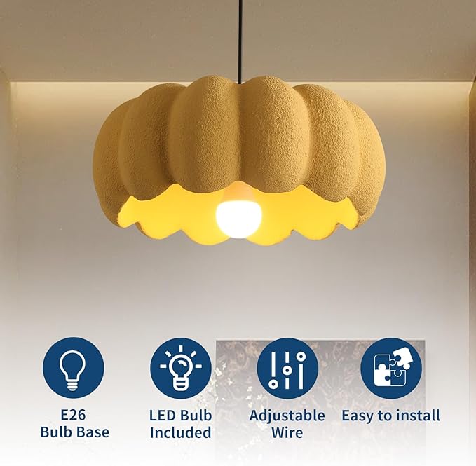 JAYMP Yellow Pumpkin Shape Pendant Light for Dining Room Kitchen Island Hallway Farmhouse Style Hanging Lamp E26 Base, 40cm/15.8in