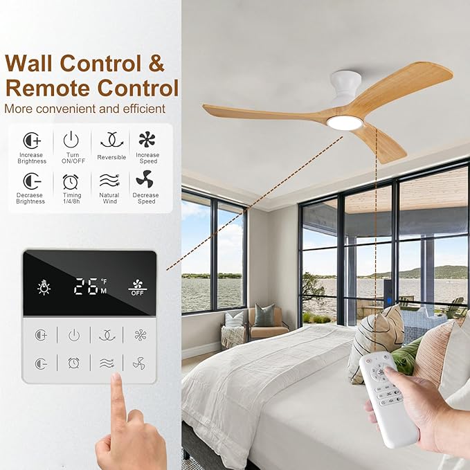 Flush Mount Ceiling Fans with Lights,52 inch,Remote Control,Wall Switch,Solid Wood Blades,Dimmable,Reversible Noiseless,Power Off Memory Modern Ceiling Fan for Bedroom Patio Indoor/Outdoor Use