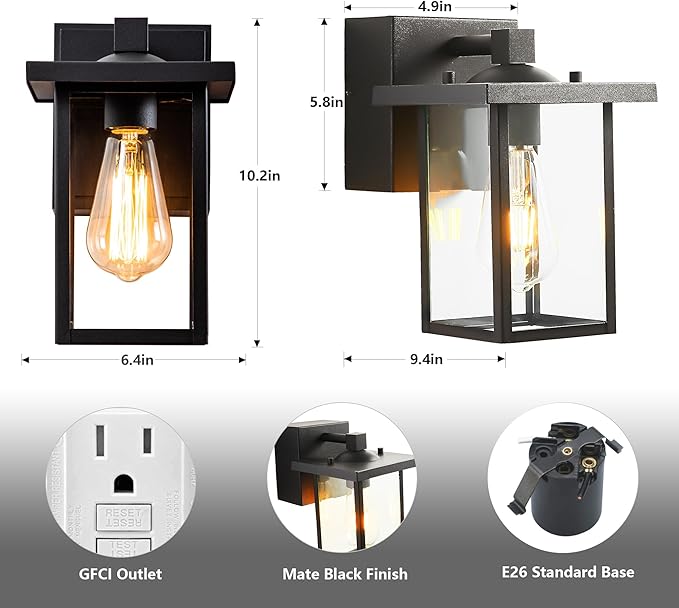 Outdoor Lights with GFCI Outlet, Black Front Porch Lights, Exterior Lighting Fixture with Outlet, Waterproof Outdoor Wall Sconce Wall Mount for House Garage, Patio, 2 Packs