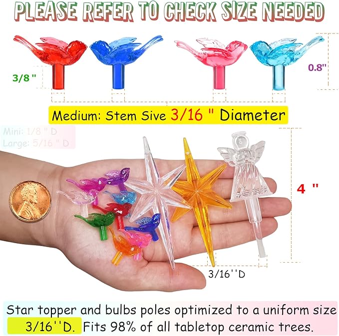 137Pcs Ceramic Christmas Tree 9 Lovely Colors Bird Replacement Bulbs Lights ＆1 Angel/4 Stars Tree Topper Ornament for Ceramic Tree Décor - Medium Plastic Pegs.
