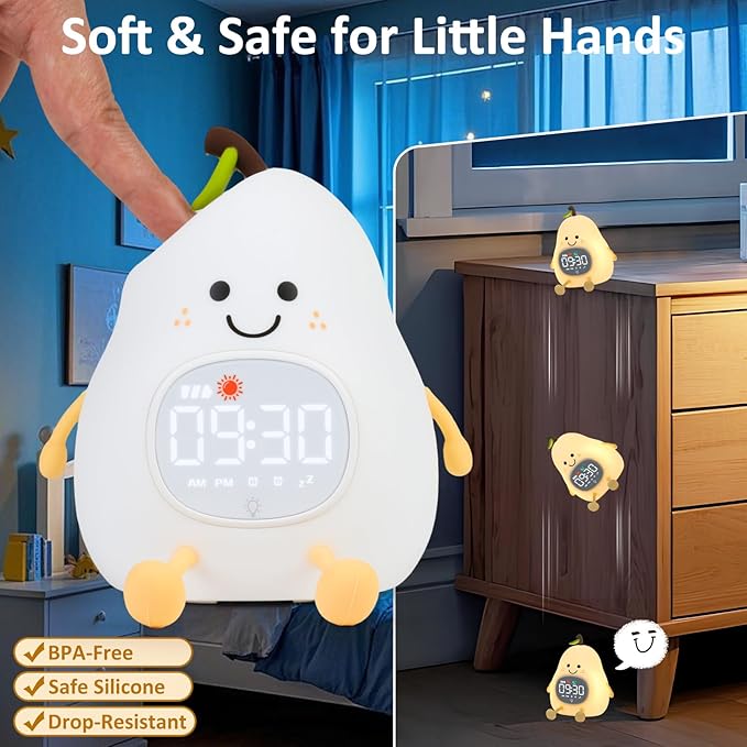 Pear Alarm Clock with Night Light for Kids with Sleep Training Light and White Noise, Rechargeable Silicone Lamp OK to Wake Clock，Cute Tabletop Clock, Perfect Sleep Companion for Boys Girls