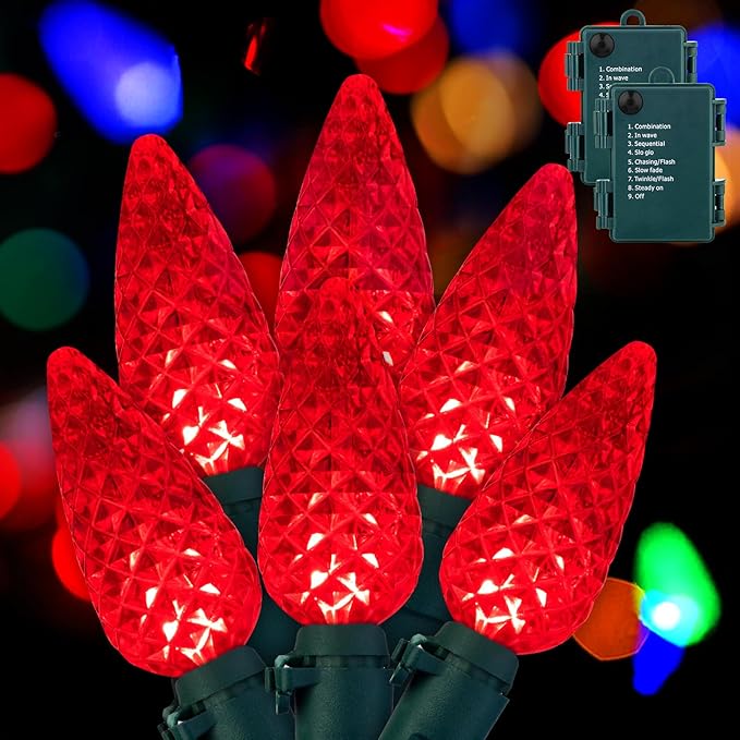 C6 LED Christmas String Lights, 2PC 60 LED 20FT Battery Operated Strawberry Lights, Waterproof 8 Lighting Modes Fairy Lights for Indoor Outdoor Patio Garden Party X-mas Decoration (Red)