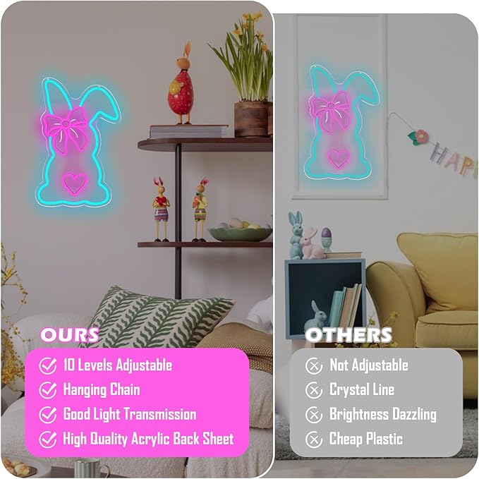 Easter Neon Sign Bow Neon Lights for Wall Bunny LED Sign Cute Rabbit Neon Light Sign for Bedroom Living Room Happy Easter Decorations Light Sign Neon Wall Art for Home Office