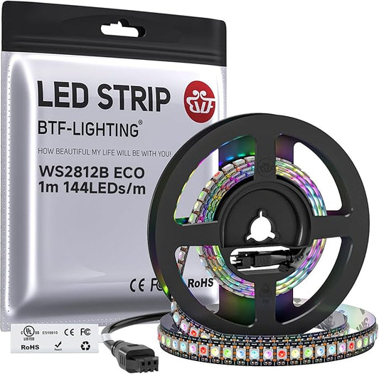 BTF-LIGHTING WS2812B ECO RGB LED Strip,UL Listed,Individually Addressable,3.28FT 144LED/m 144Pixel DC5V 5050SMD,Alloy Wire Flexible 3M Tape for DIY Chasing Color Project IP30(No Adapter or Controller)