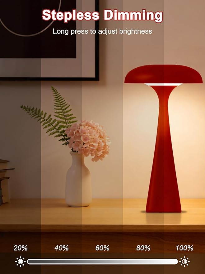 Cordless Table Lamp,Touch LED Reading Light,Cute Desk Lamp with 3 Colors Dimmable,Rechargeable Small Bedside Lamp,Vintage Mushroom Lamp for Bedroom Living Room Dorm Decor(Red)