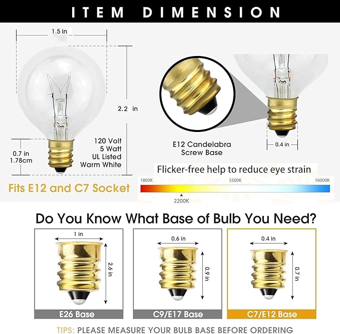 G40 Replacement Bulbs, 120V 5 Watt Clear Globe Incandescent Light Bulbs fits E12 C7 Candelabra Base, Dimmable String Light Bulbs Replacement for Indoor Outdoor Patio Decor, (25 Pack)