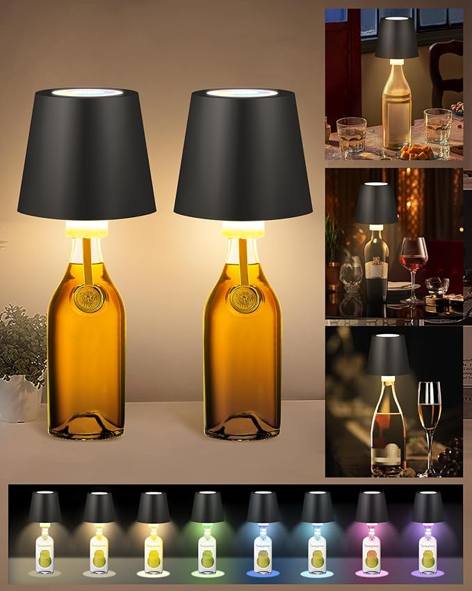 2 Pack Cordless RGB Table Lamp,Wireless Bottle Lamp,3 Level Dimming & RGB Cycle LED Portable Desk lamp,5000mAh Rechargeable Battery,Waterproof Outdoor,for Bedroom/Bars/Camping(Black)