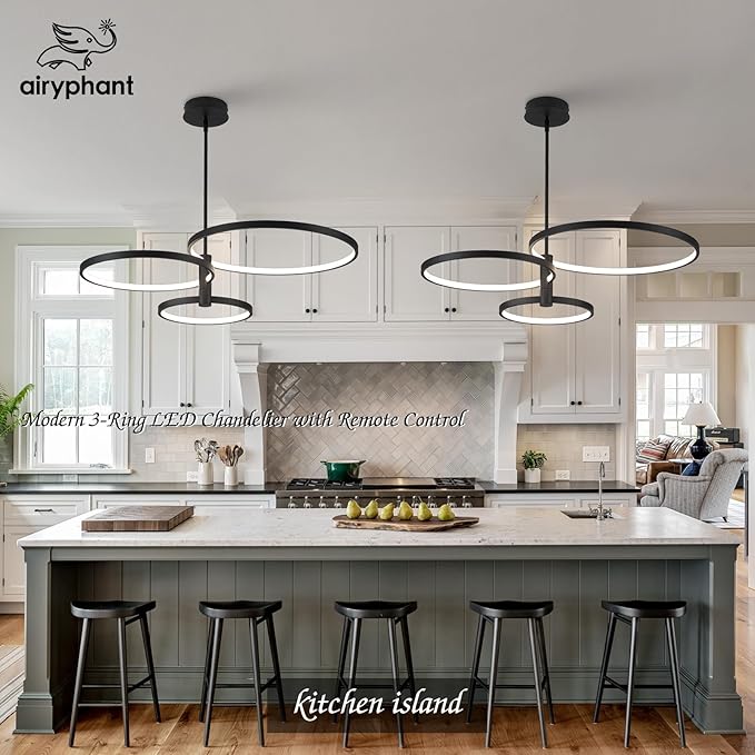 Modern LED Chandelier, 3-Ring Black Chandeliers for Dining Room Contemporary Flush Mount Chandelier Light Pendant Light Fixture for Kitchen Island Closet Living Room Bedroom