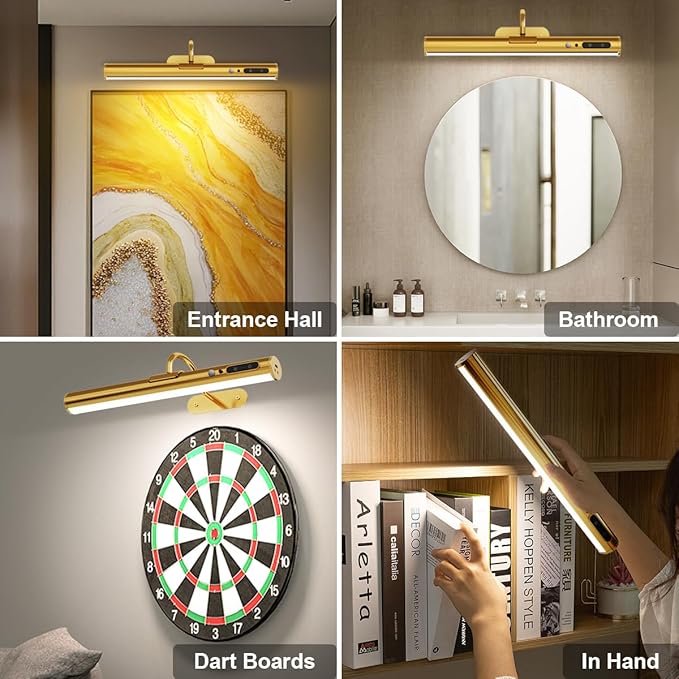 Motion Sensor Battery Operated Picture Light, Wireless Rechargeable Magnetic Art Wall Sconce with Remote Control, LED Picture Frame Lighting for Paintings Poster Mirror Portrait Gallery Dart (Brass)
