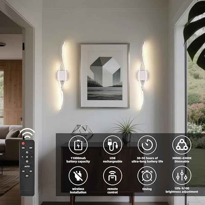 Battery Operated Wall Sconce, Silver LED Battery Wall Light dimming with Remote Control, 31.4Inch Rechargeable Chrome Wireless Wall Lights for Living Room, Bedroom, and Stairs Wall Sconces (2 Pack)