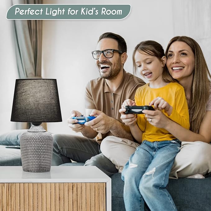 Sucolite 11.8'' Small Table Lamps Set of 2, Bedside Nightstand Lamps for Bedroom Kid’s Room, Cute Desk Lamps with Studded Texture Base for Reading Nursery Living Room Office, Black