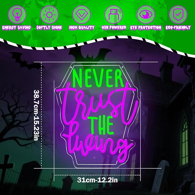 Ajoyferris Never Trust The Living Neon Sign Halloween Led Signs Dimmable Tombstone Light Up Sign Gothic Haunted House Neon Window Lights Scary Halloween Decorations