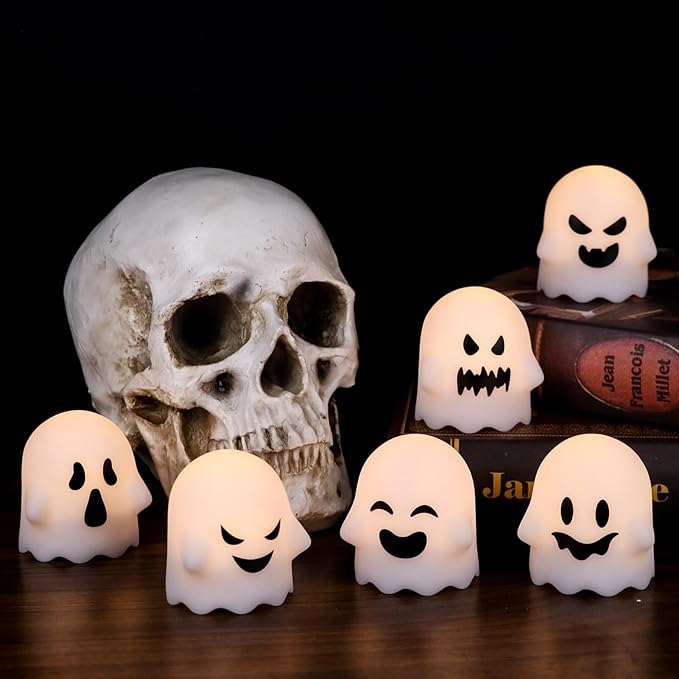 Wondise Halloween Flameless Candles with Remote & Timer, 6 Pack Ghosts Battery Operated LED Flickering Candles for Halloween Decorations Home Decor