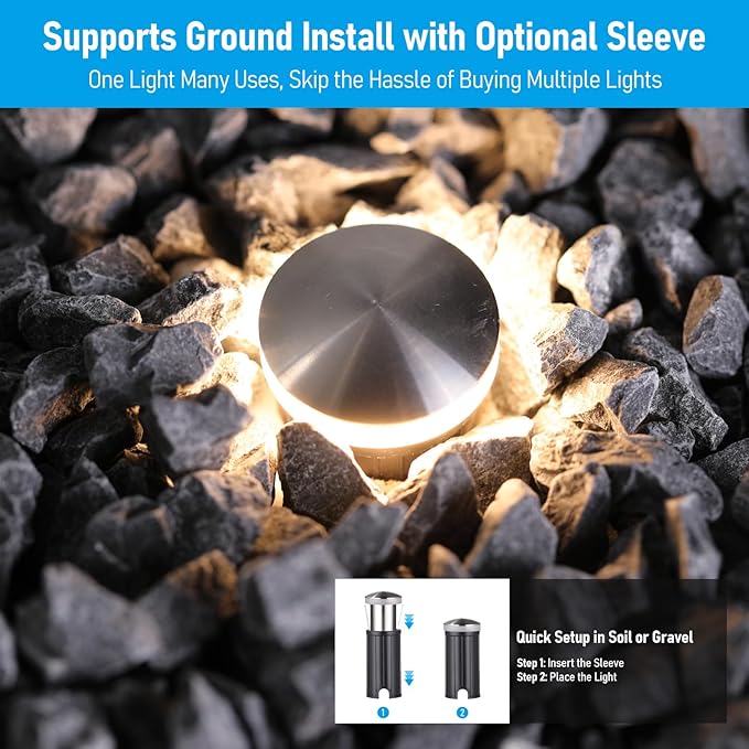 LEONLITE 24-Pack Low Voltage Recessed LED Deck Light, IP67 Waterproof, 12-24V AC/DC, 360° Ring Glow In-Ground Light, 1W 3000K 1.3-Inch Mini Flush Mount, Stainless Steel for Deck Patio Garden Edge