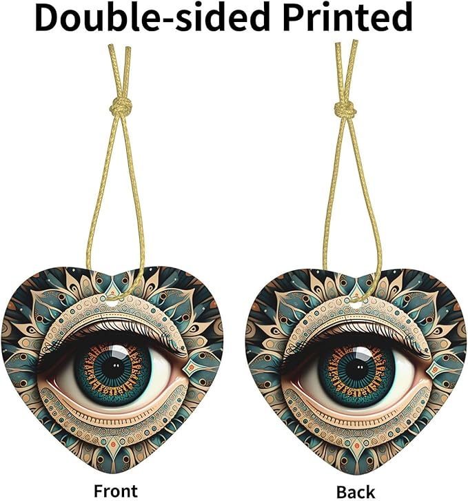 Ethnic Flowers Eye of Evil Christmas Ornaments, Christmas Decorations Xmas Tree Hanging Ornaments, Heart-Shaped Ceramic Festive Keepsake Gift for Christmas Decorations Holiday Home Party