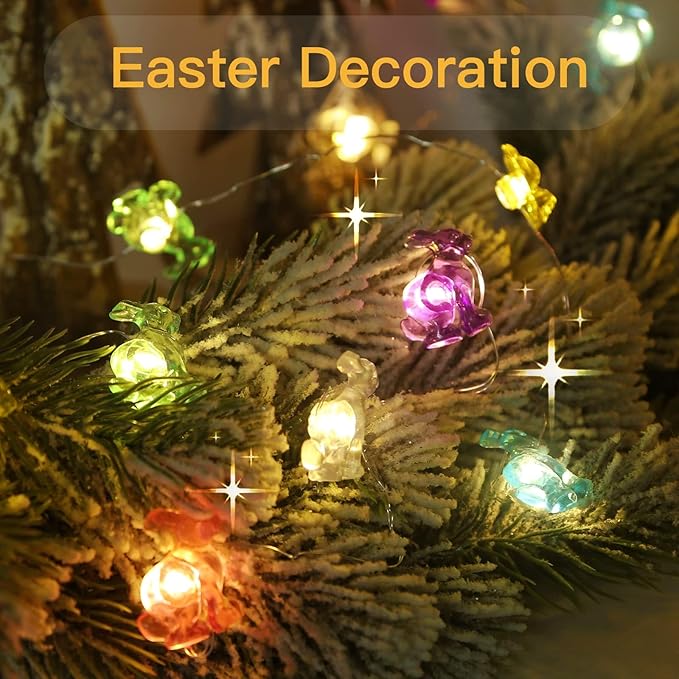 suddus Easter Bunny Battery Operated String Lights, 12.8ft 40LED Waterproof Colorful Easter Fairy Lights with Timer, Easter Lights String Led for Indoor, Tree, Mantle, Table, Outdoor, Spring Decor
